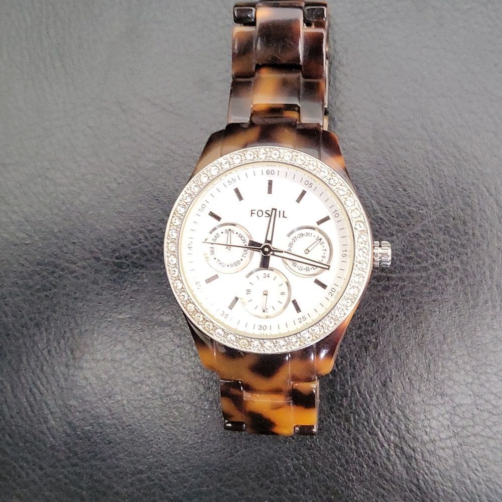 Women's FOSSIL Watch Rhinestone Tortoise Shell Band Model #112800 - Picture 2 of 4